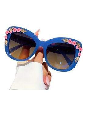 Ladies Retro Flower Cat Glasses | Blue Frame with Flower Decoration - NWT